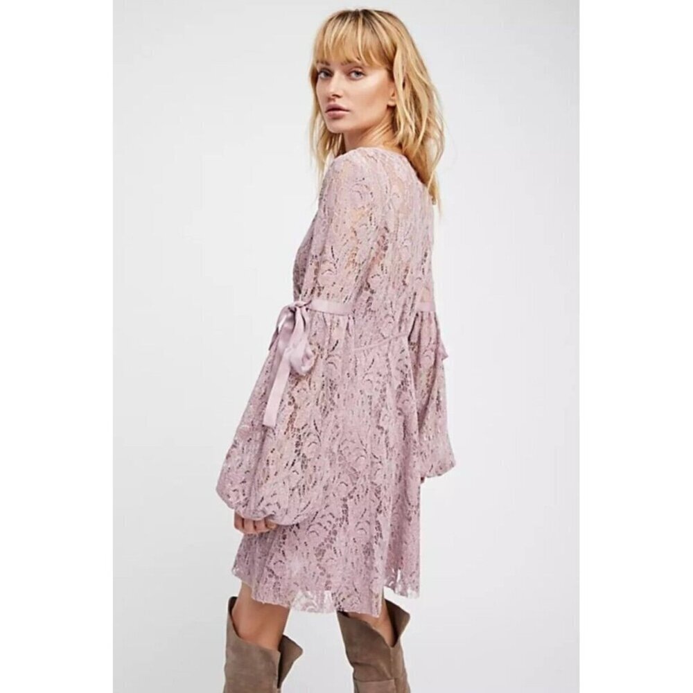 $128 FREE PEOPLE WOMEN'S LILAC CROCHET LACE LONG SLEEVE RUBY DRESS Sz XS